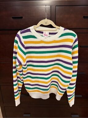 ME Makeover Essentials White Crewneck Sweater with Green, Purple & Gold Stripes